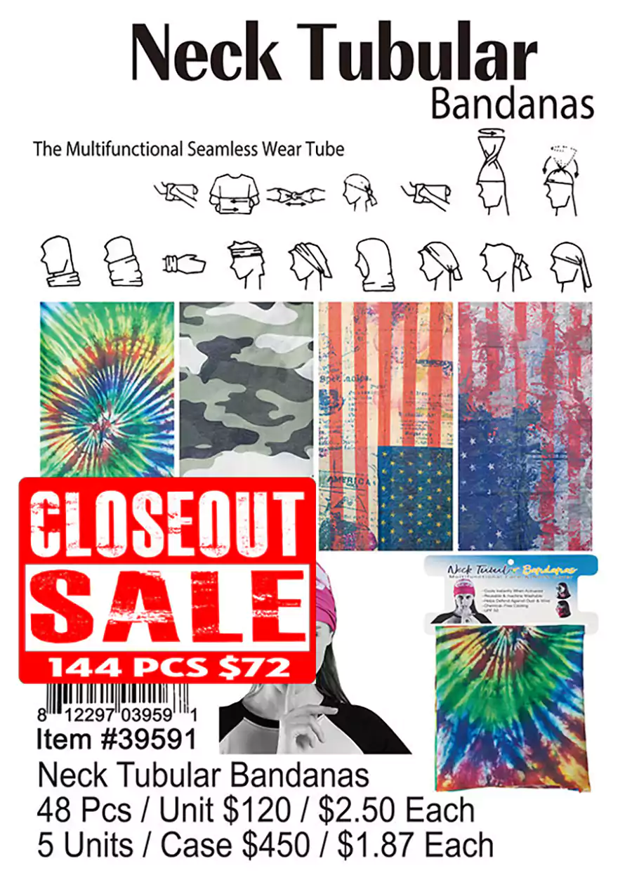 Neck Tubular Bandanas - Closeout 144 Pcs.